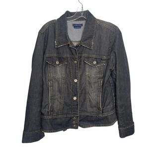 Bandolino Blu Dark Wash Grey Denim Trucker Jacket Buckle Back Distressed L